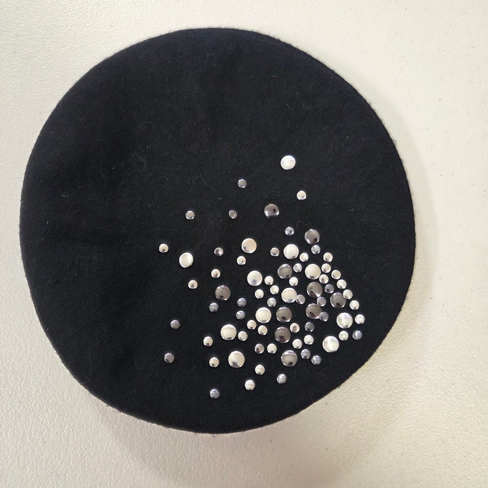 Made of Me Black Wool Blend Studded Beret Hat One Size Silver Accents RN 67508
